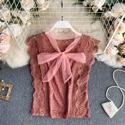 Γυναικείο αμάνικο από  δαντέλα με τούλι και κορδέλα