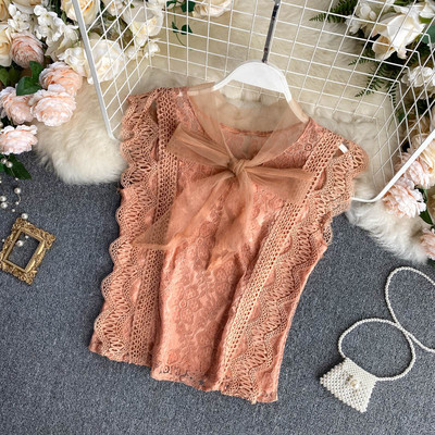 Γυναικείο αμάνικο από  δαντέλα με τούλι και κορδέλα