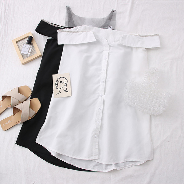 Νέο μακρύ γυναικείο πουκάμισο με γυμνούς ώμους και τούλι