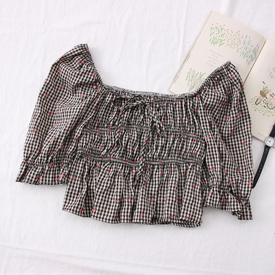 Μοντέρνα γυναικεία μπλούζα καρό με στρογγυλή λαιμόκοψη και 3/4 μανίκια