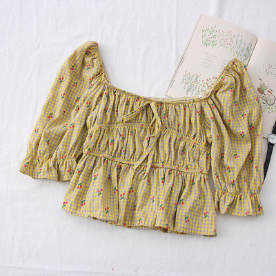 Μοντέρνα γυναικεία μπλούζα καρό με στρογγυλή λαιμόκοψη και 3/4 μανίκια