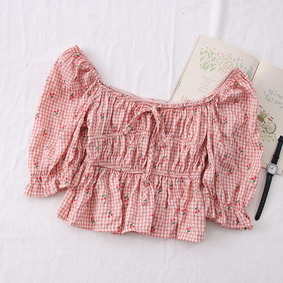 Μοντέρνα γυναικεία μπλούζα καρό με στρογγυλή λαιμόκοψη και 3/4 μανίκια