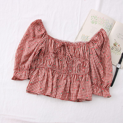 Μοντέρνα γυναικεία μπλούζα καρό με στρογγυλή λαιμόκοψη και 3/4 μανίκια