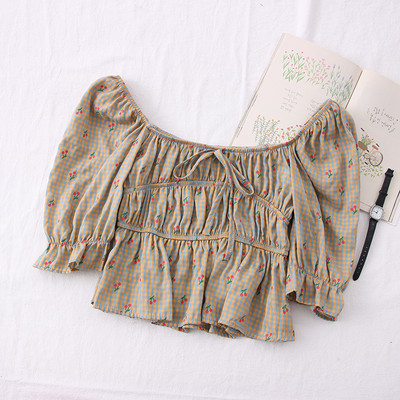 Μοντέρνα γυναικεία μπλούζα καρό με στρογγυλή λαιμόκοψη και 3/4 μανίκια