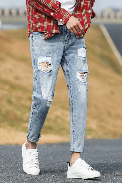 Blugi casual barbatesti cu motive rupte de culoare deschisa