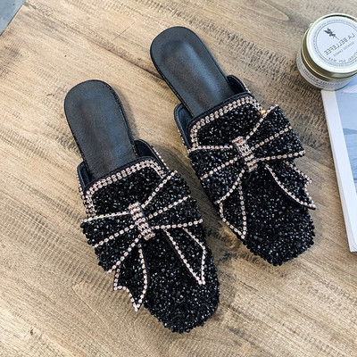 Papuci eleganti de dama cu pietre si panglica