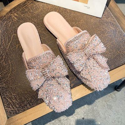 Papuci eleganti de dama cu pietre si panglica