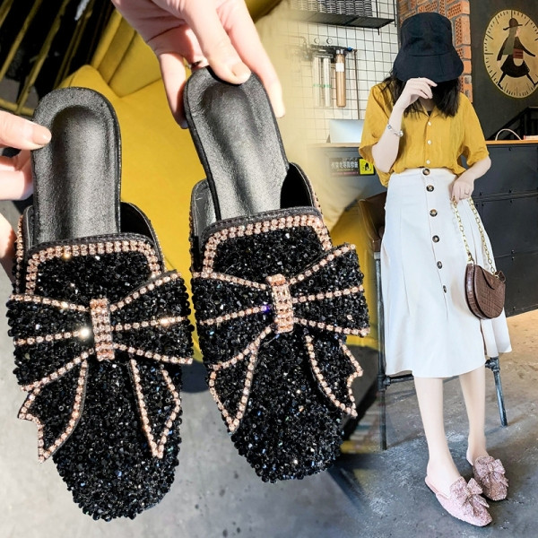 Papuci eleganti de dama cu pietre si panglica