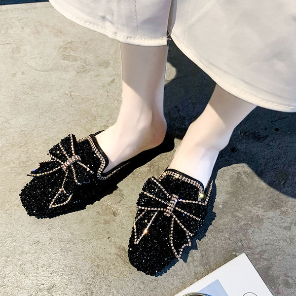 Papuci eleganti de dama cu pietre si panglica