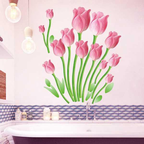 Neperšlampamas lipnus sieninis lipdukas su rožinėmis tulpėmis