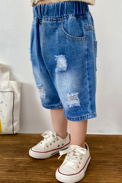 Casual τζιν με ελαστική μέση και σχισμένο μοτίβο σε μπλε χρώμα