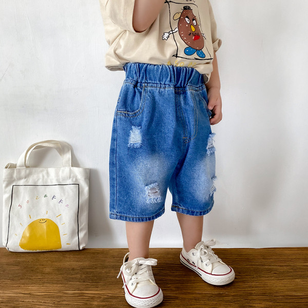 Casual τζιν με ελαστική μέση και σχισμένο μοτίβο σε μπλε χρώμα