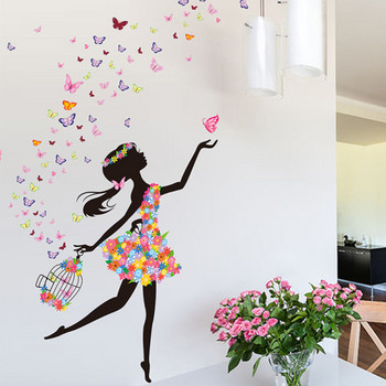 Водоустойчив стикер за стена във формата на жена с пеперуди 