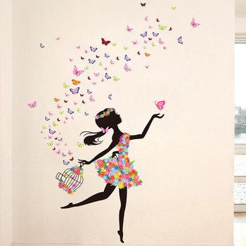 Водоустойчив стикер за стена във формата на жена с пеперуди 