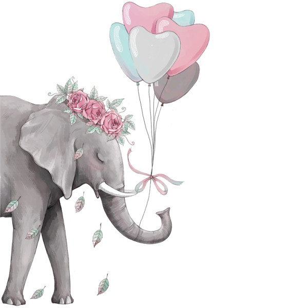 Lipnus dramblio ir balionų formos sieninis lipdukas tinkamas vaikų kambariui