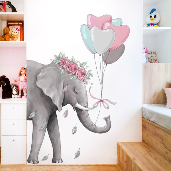 Lipnus dramblio ir balionų formos sieninis lipdukas tinkamas vaikų kambariui