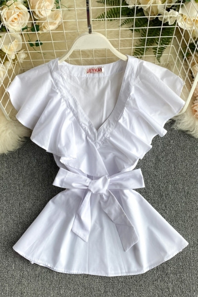 Cămașă de damă cu decolteu spitz și panglică în alb și albastru