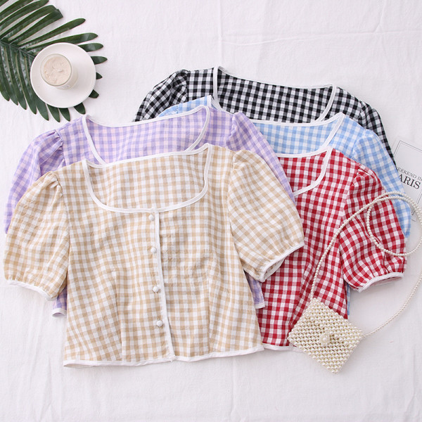 Moderns sieviešu rūtains krekls ar kvadrātveida kakla izgriezumu