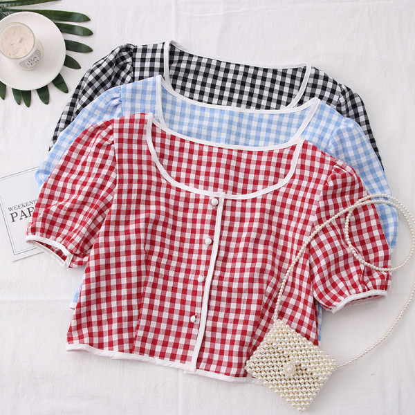 Moderns sieviešu rūtains krekls ar kvadrātveida kakla izgriezumu