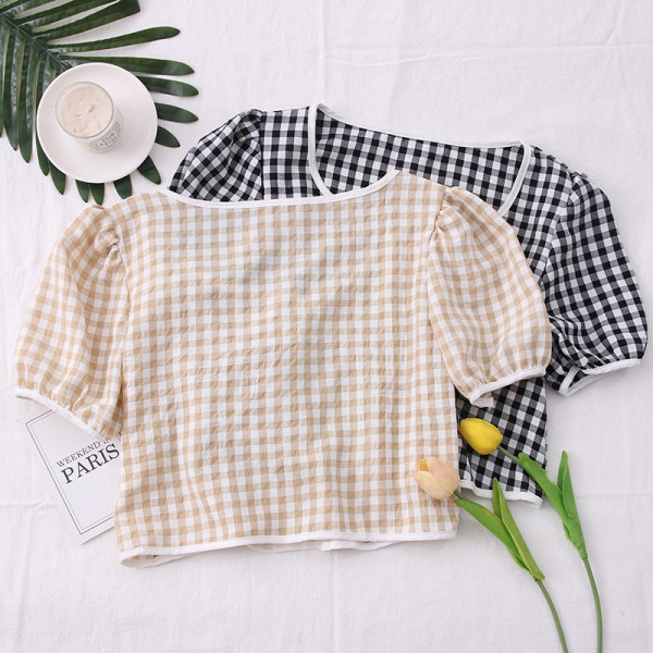 Moderns sieviešu rūtains krekls ar kvadrātveida kakla izgriezumu