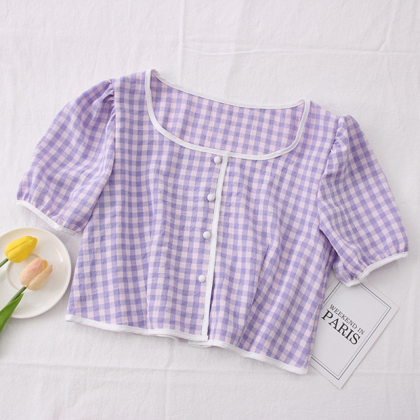 Moderns sieviešu rūtains krekls ar kvadrātveida kakla izgriezumu