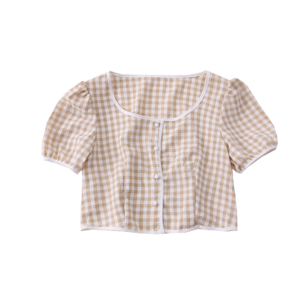 Moderns sieviešu rūtains krekls ar kvadrātveida kakla izgriezumu