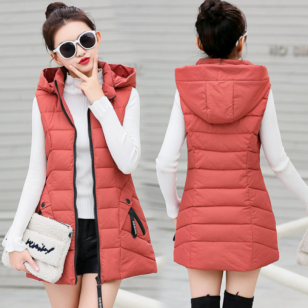 Moodne naiste pikk vest kapuutsi ja taskutega