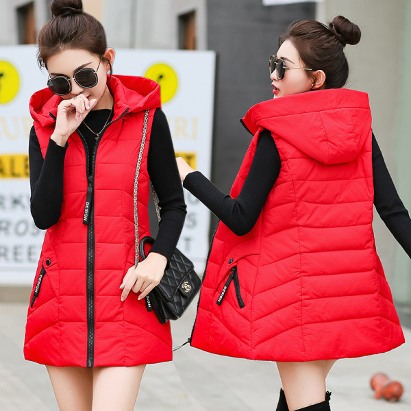 Moodne naiste pikk vest kapuutsi ja taskutega