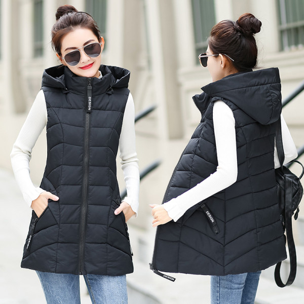 Moodne naiste pikk vest kapuutsi ja taskutega