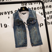 Ikdienas sieviešu džinsa veste ar saplēstiem motīviem un klasisku apkakli