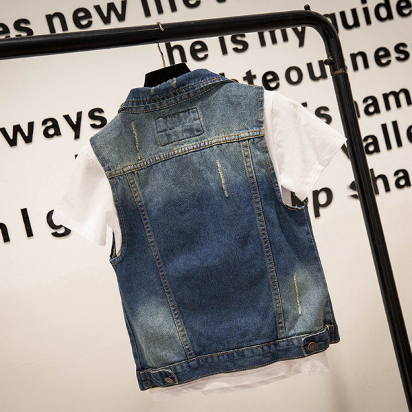 Ikdienas sieviešu džinsa veste ar saplēstiem motīviem un klasisku apkakli