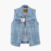 Vestă de damă, lejeră, scurtă din denim, cu buzunare și guler clasic