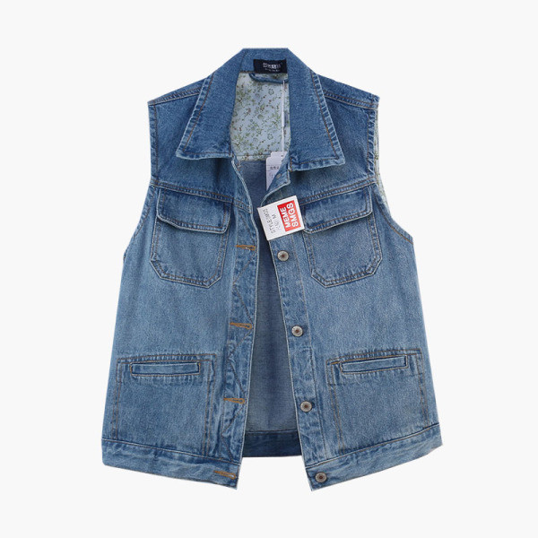 Vabaaja naiste lühike teksavest taskute ja klassikalise kraega