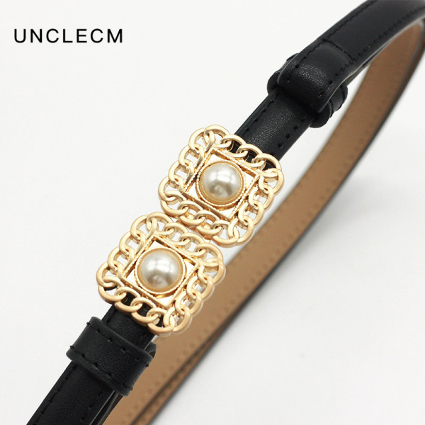 Moderna sieviešu josta no mākslīgās ādas un pērlēm