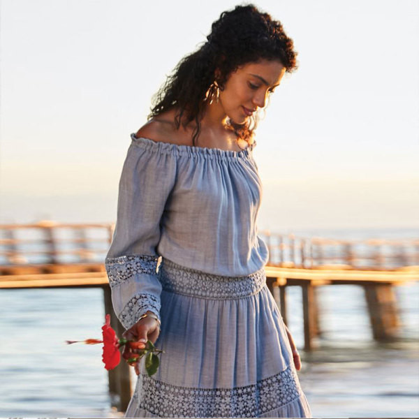 Naiste rannapikk kleit pikkade varrukate ja pitsiga