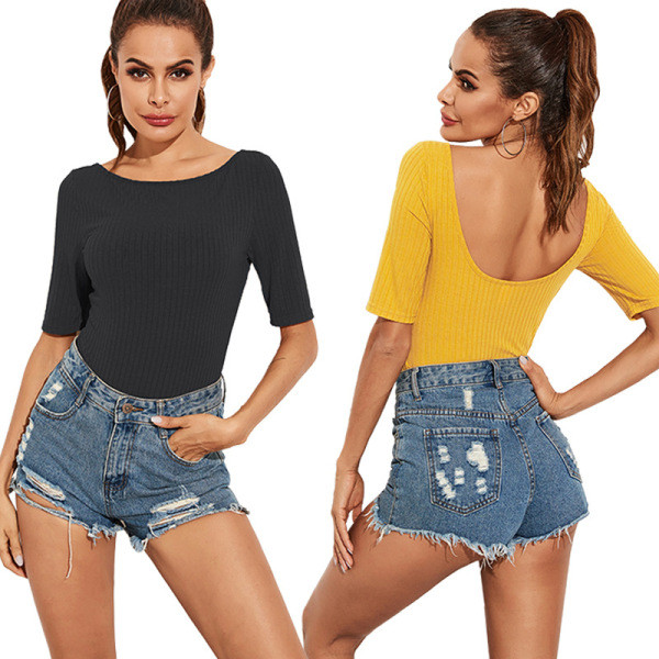 Moderns sieviešu velveta džersija bodijs ar īsām piedurknēm un atkailinātu muguru