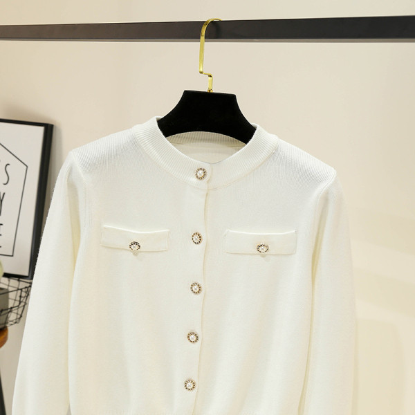 Moderna sieviešu veste ar apaļu kakla izgriezumu un garām piedurknēm