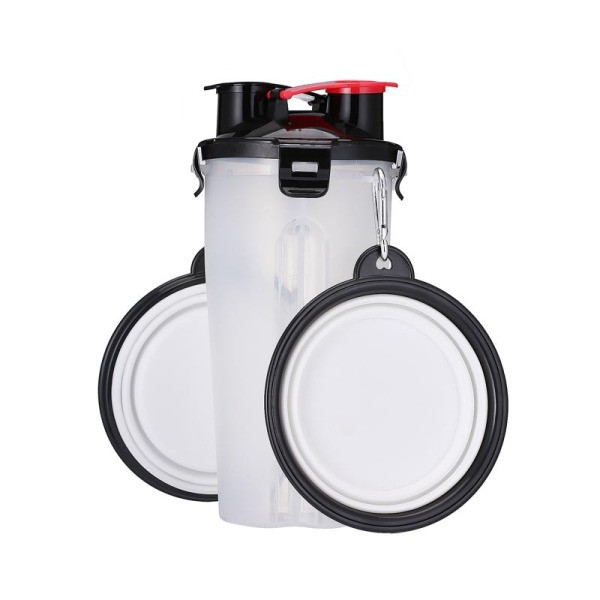 Pudele suņu barībai un ūdenim ar diviem pastaigāšanai piemērotiem nodalījumiem