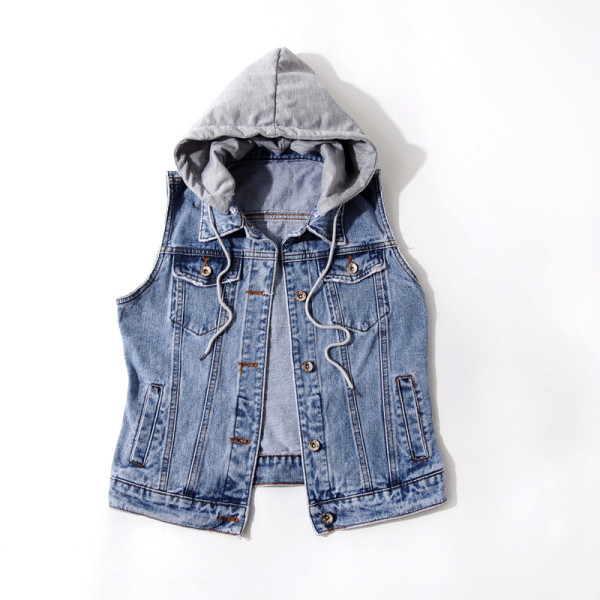 Ikdienas sieviešu džinsa veste ar kapuci un saitēm