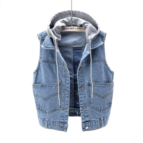 Γυναικείο κοντό γιλέκο τζιν με κορδόνια και κουκούλα