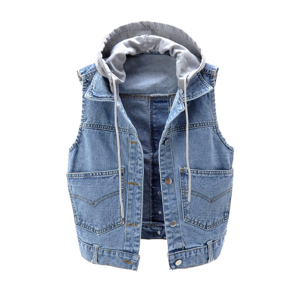 Γυναικείο κοντό γιλέκο τζιν με κορδόνια και κουκούλα