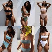 Costum de baie model simplu cu talie inalta si bretele subtiri
