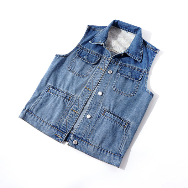 Γυναικείο γιλέκο casual με τσέπες και κλασικό κολάρο σε μπλε χρώμα