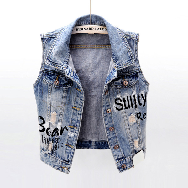 Vestă de damă modernă scurtă din denim cu inscripție și flori