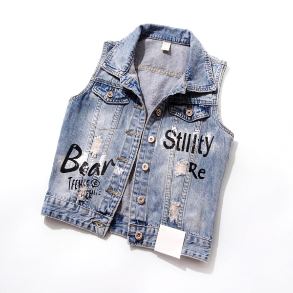 Vestă de damă modernă scurtă din denim cu inscripție și flori