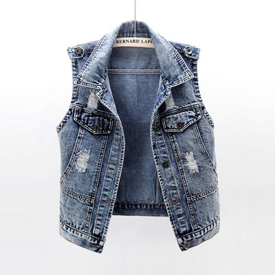 Γυναικείο κοντό γιλέκο τζιν με τσέπες και σκισμένα μοτίβα