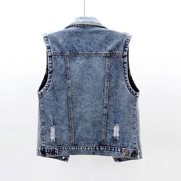 Γυναικείο κοντό γιλέκο τζιν με τσέπες και σκισμένα μοτίβα