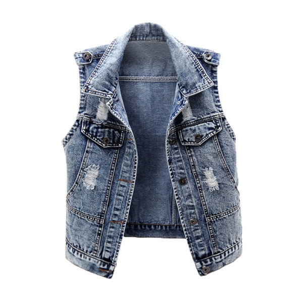 Γυναικείο κοντό γιλέκο τζιν με τσέπες και σκισμένα μοτίβα