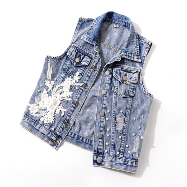 Moderna sieviešu džinsa īsā jaka ar pērlēm un aplikācijām