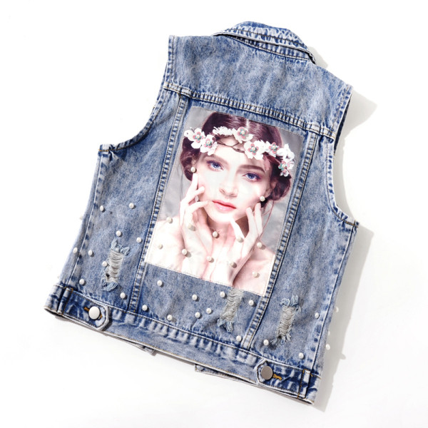 Moderna sieviešu džinsa īsā jaka ar pērlēm un aplikācijām